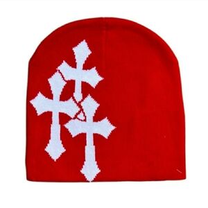 Y2K Red And White Cross Beanie. Winter Hat / Skully / Unisex. Hip hop punk.